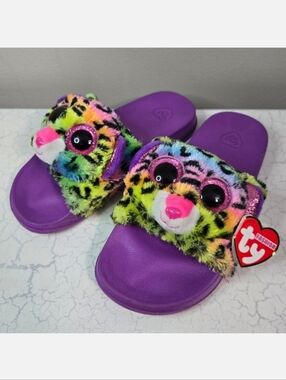 Ty Kids' Purple+ Dotty The Leopard Plush Slide Sandals, Size 1-3 ~ VGUC